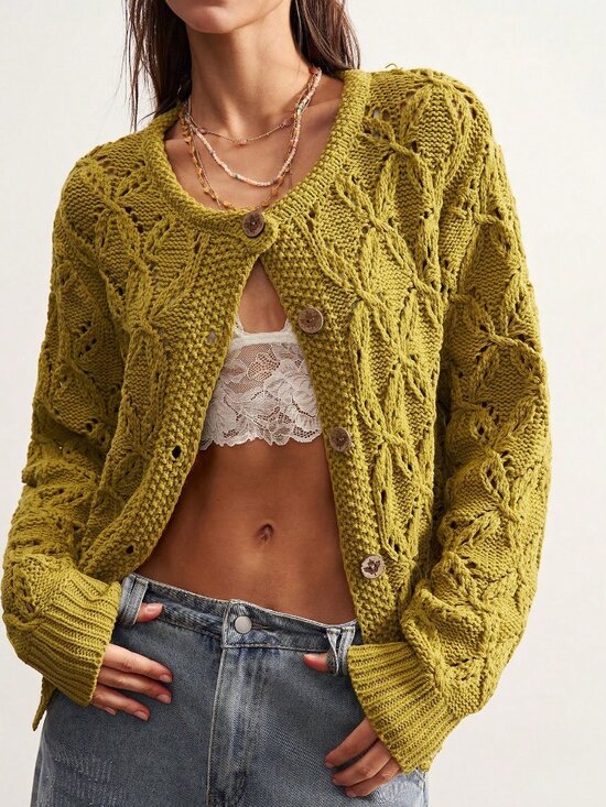 MODA ME COUTURE Sweaters - Green Casual Women's Heavy-Duty Hollow Knit Cardigan